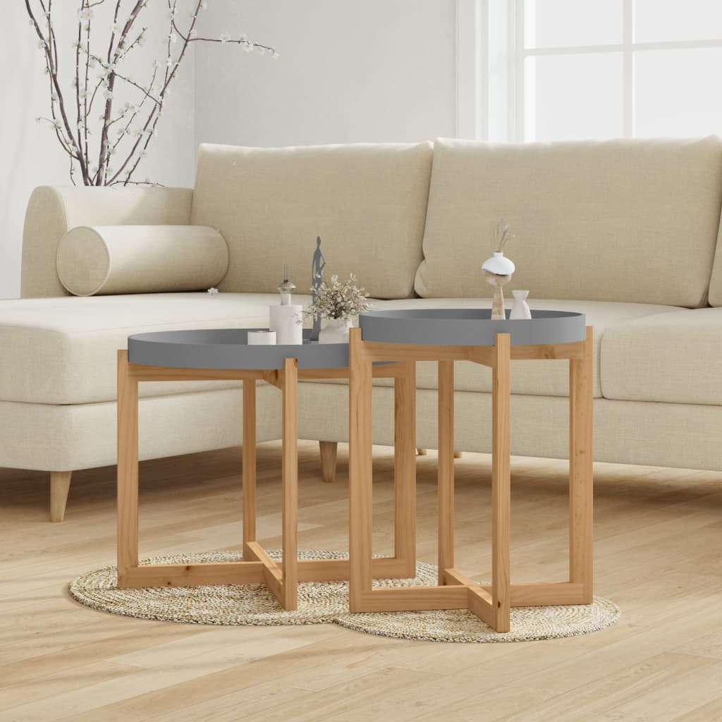 vidaXL Coffee Table 2 pcs Round End Table Accent Sofa Table Solid Wood Pine-6