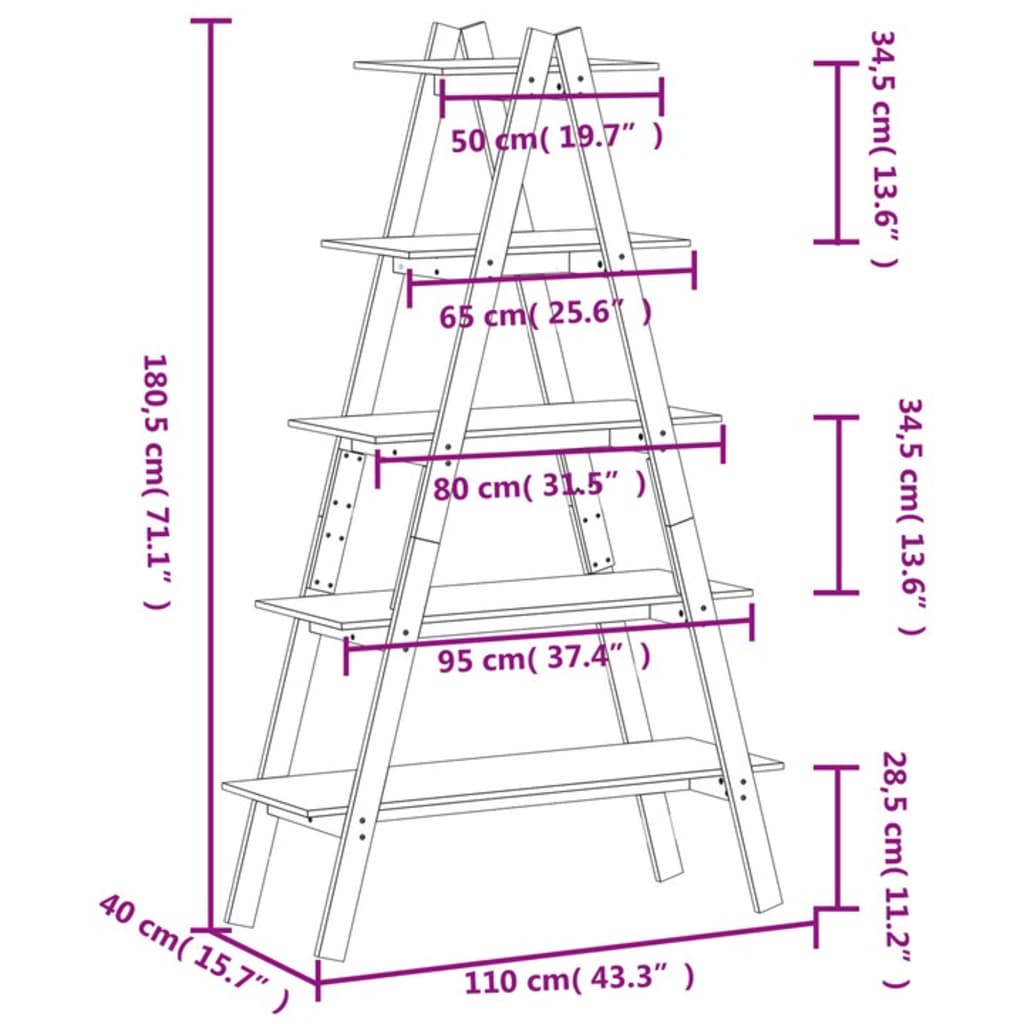 vidaXL 5-Tier Shelf Free Standing A-shape Display Bookcase Solid Wood Pine-7