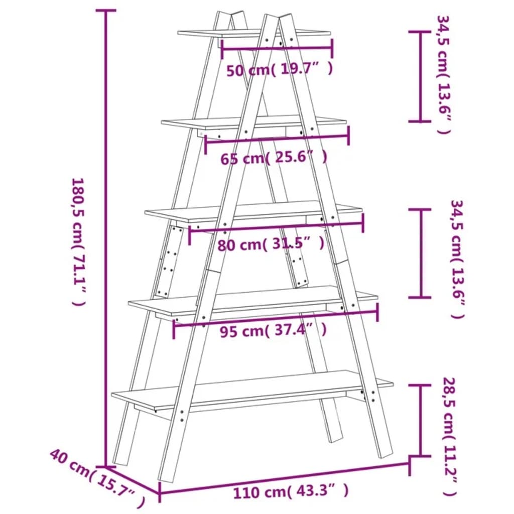 vidaXL 5-Tier Shelf Free Standing A-shape Display Bookcase Solid Wood Pine-14