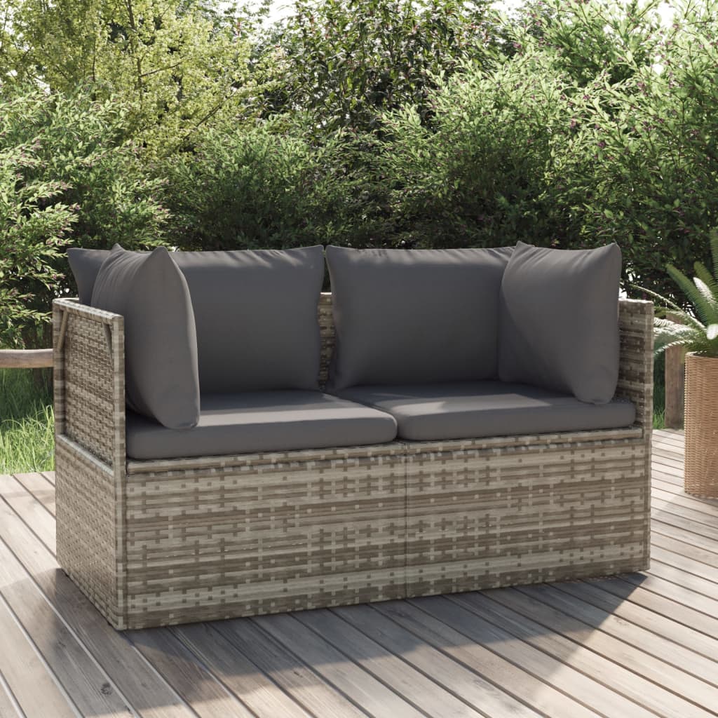 vidaXL 2-Seater Patio Sofa with Cushions Gray Poly Rattan-0