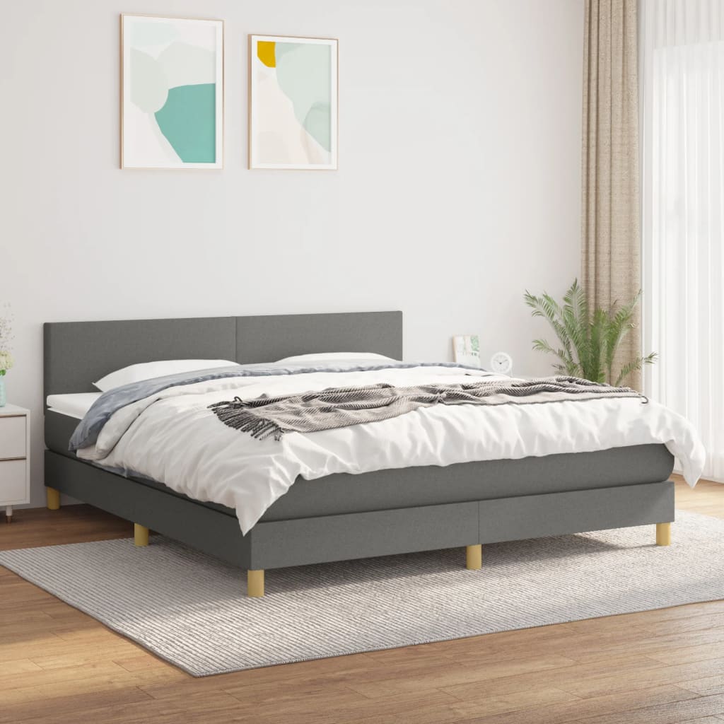 Box Spring Bed with Mattress Dark Gray Queen Fabric