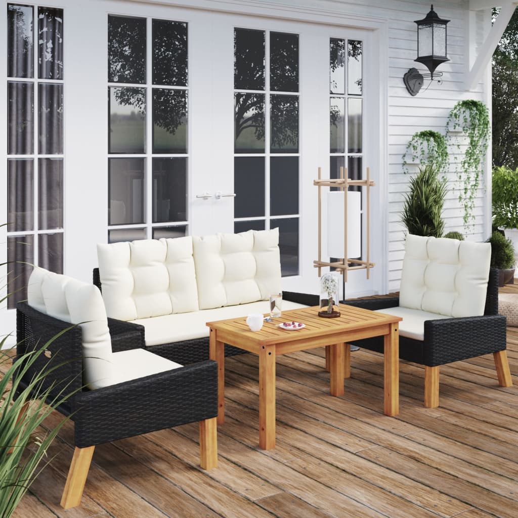 vidaXL 4 Piece Patio Lounge Set with Cushions Poly Rattan and Solid Wood-0