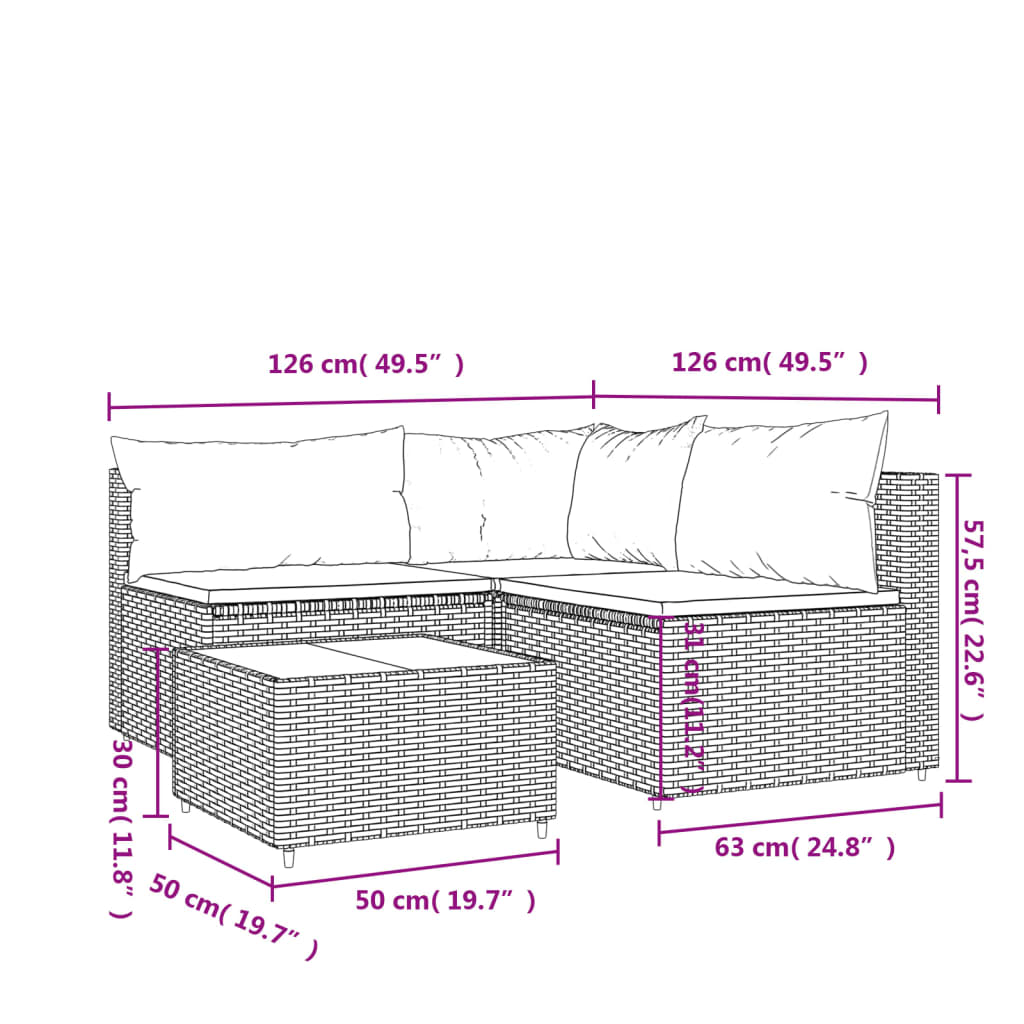 vidaXL 4 Piece Patio Lounge Set with Cushions Brown Poly Rattan-9