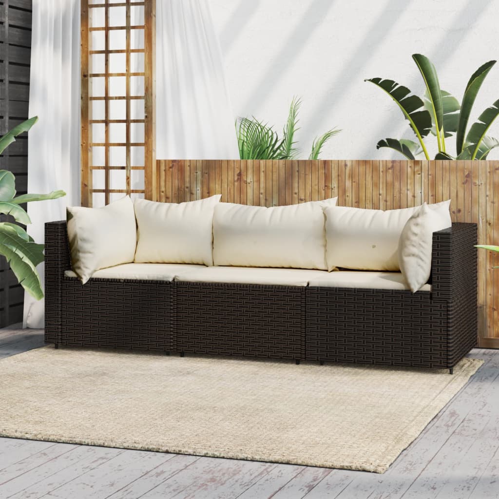 vidaXL 3 Piece Patio Lounge Set with Cushions Brown Poly Rattan-0