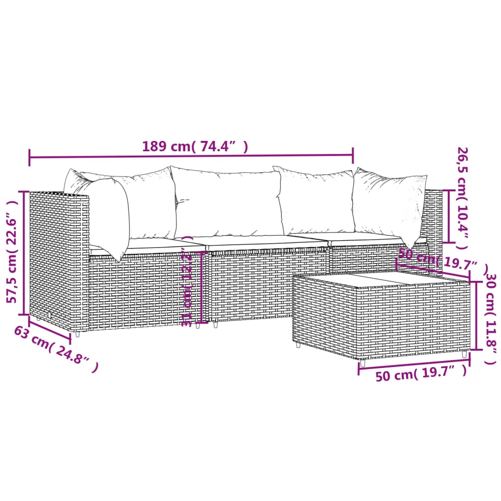 vidaXL 4 Piece Patio Lounge Set with Cushions Brown Poly Rattan-9