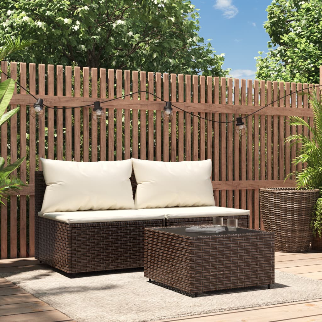 vidaXL 3 Piece Patio Lounge Set with Cushions Brown Poly Rattan-0