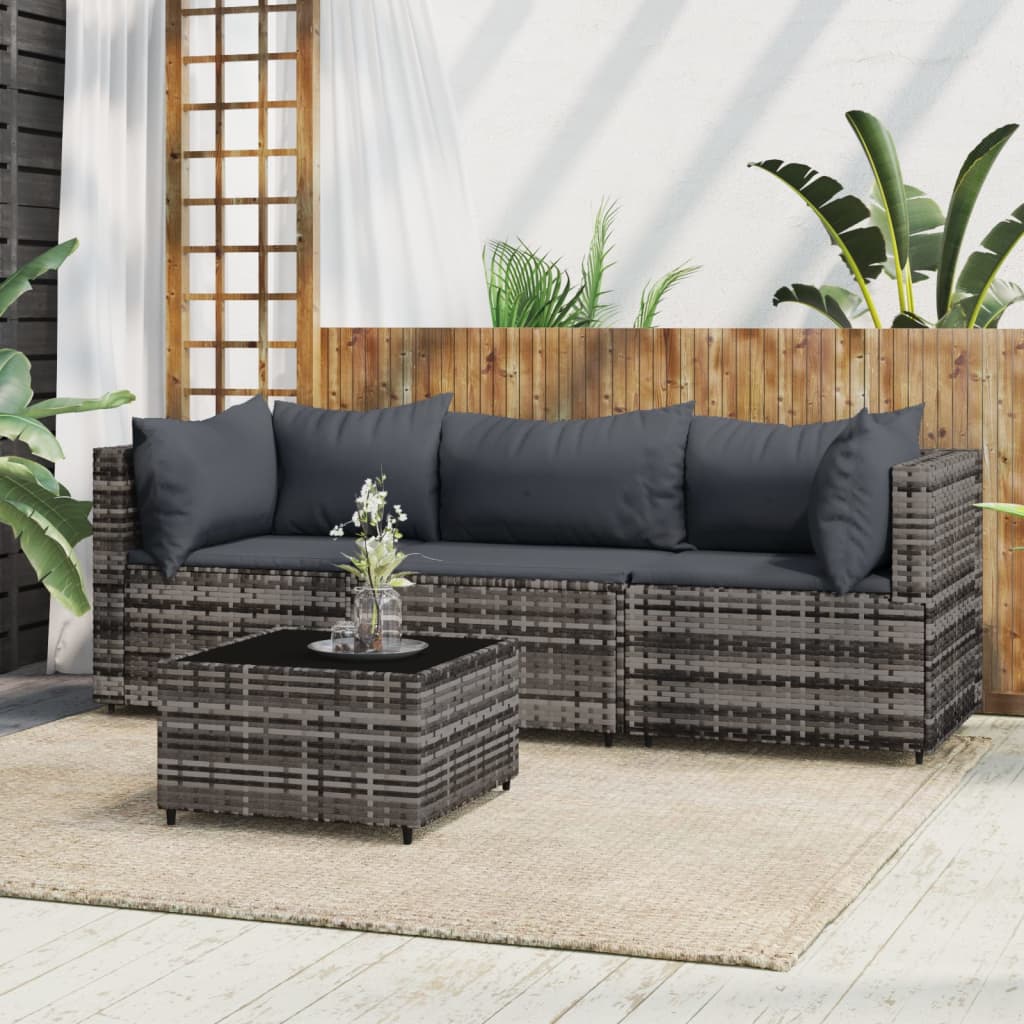 vidaXL 4 Piece Patio Lounge Set with Cushions Gray Poly Rattan-0