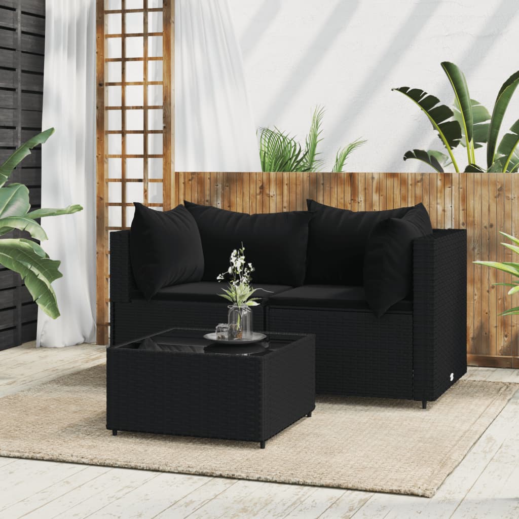 vidaXL 3 Piece Patio Lounge Set with Cushions Black Poly Rattan-0