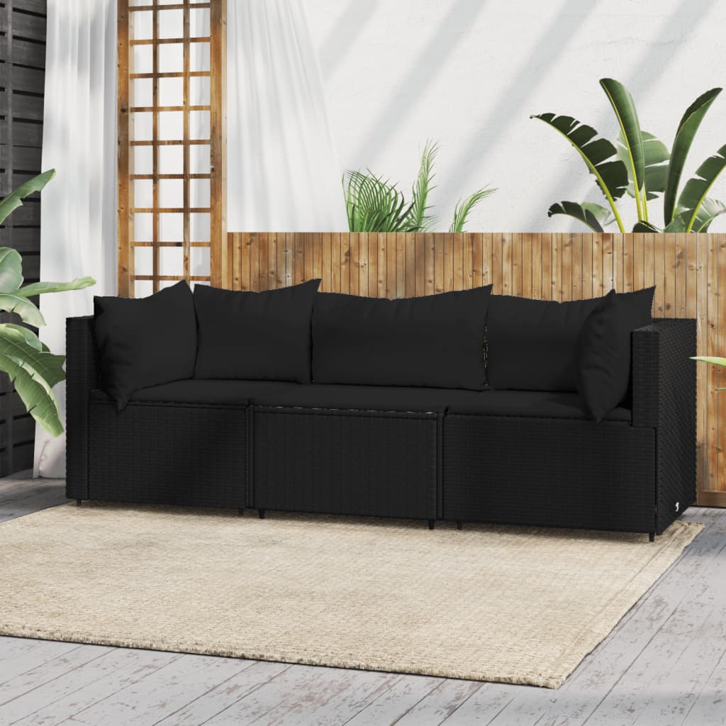 vidaXL 3 Piece Patio Lounge Set with Cushions Black Poly Rattan-0