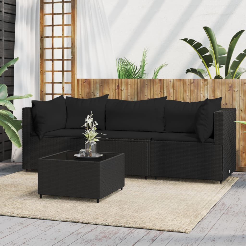 vidaXL 4 Piece Patio Lounge Set with Cushions Black Poly Rattan-0