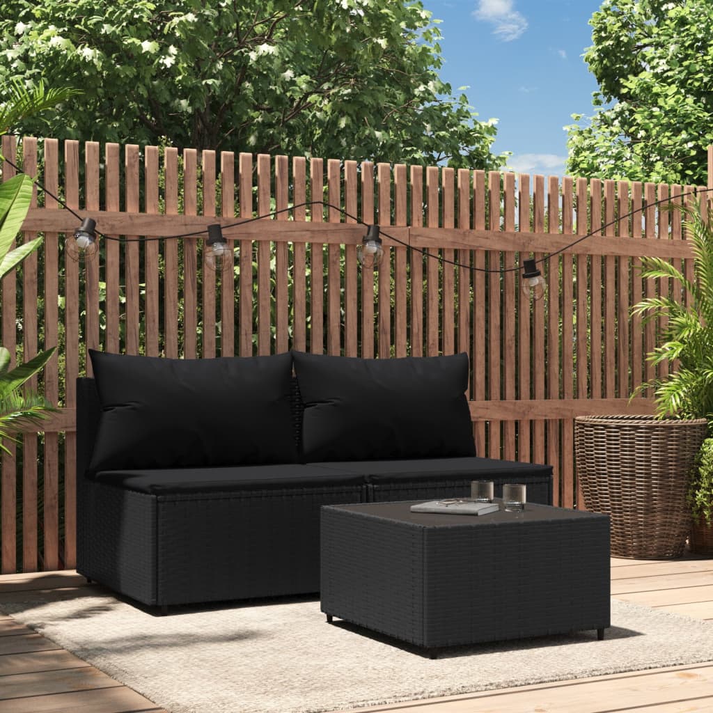 vidaXL 3 Piece Patio Lounge Set with Cushions Black Poly Rattan-0