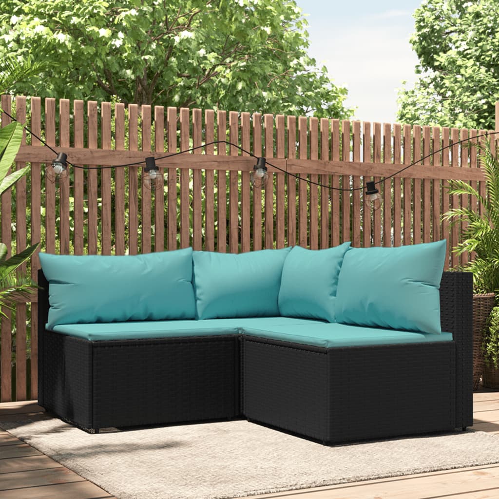 vidaXL 3 Piece Patio Lounge Set with Cushions Black Poly Rattan-0