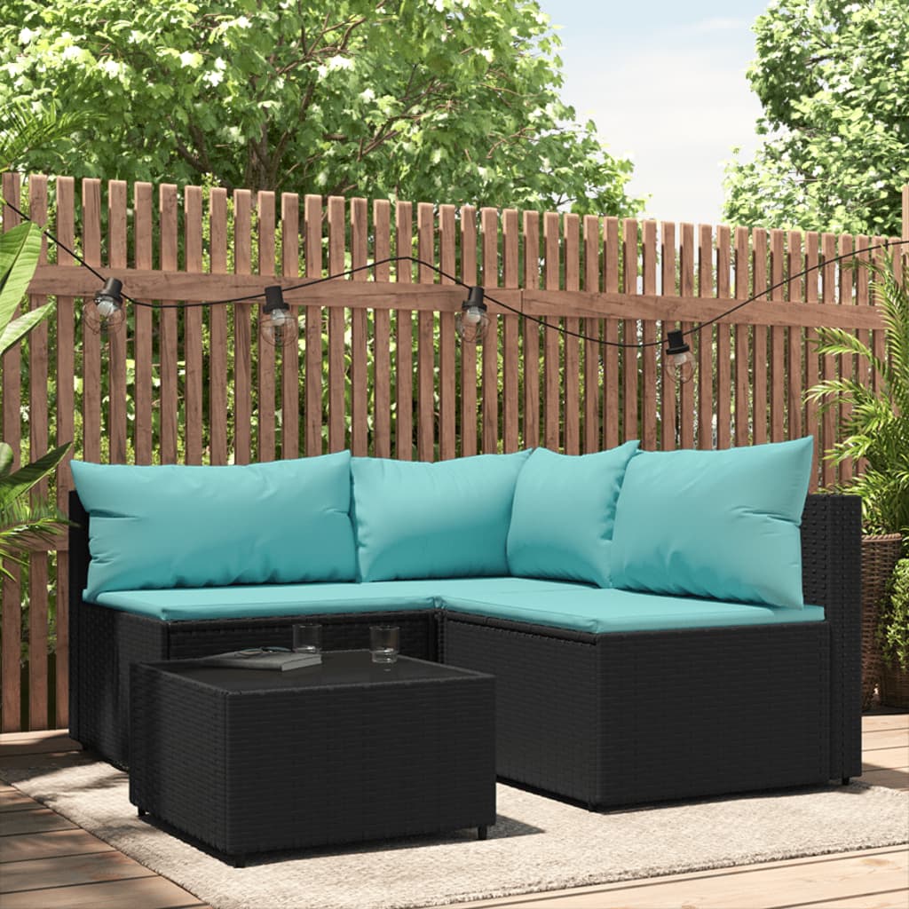 vidaXL 4 Piece Patio Lounge Set with Cushions Black Poly Rattan-0