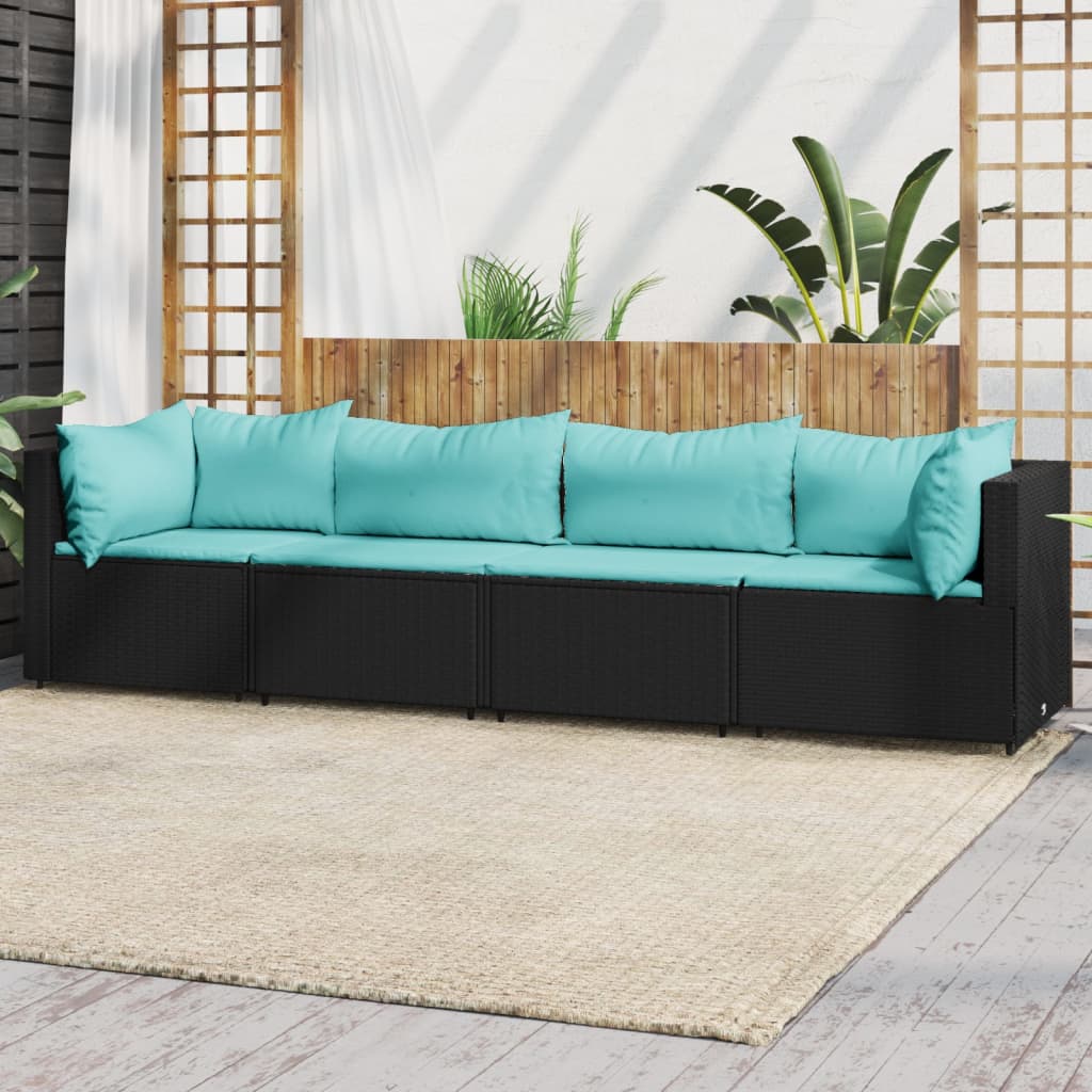 vidaXL 4 Piece Patio Lounge Set with Cushions Black Poly Rattan-0