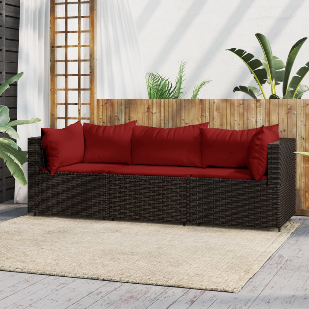 vidaXL 3 Piece Patio Lounge Set with Cushions Brown Poly Rattan-0