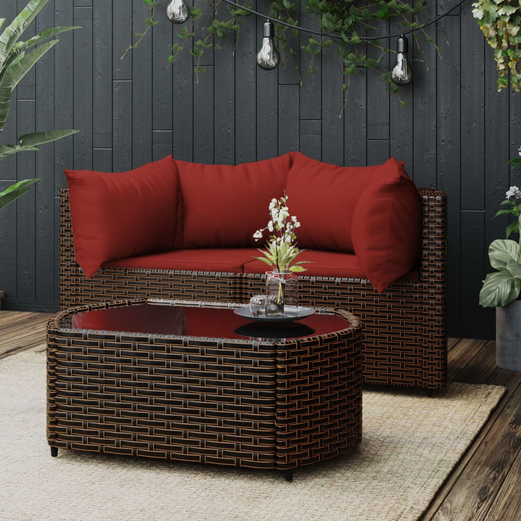 vidaXL 3 Piece Patio Lounge Set with Cushions Brown Poly Rattan-0