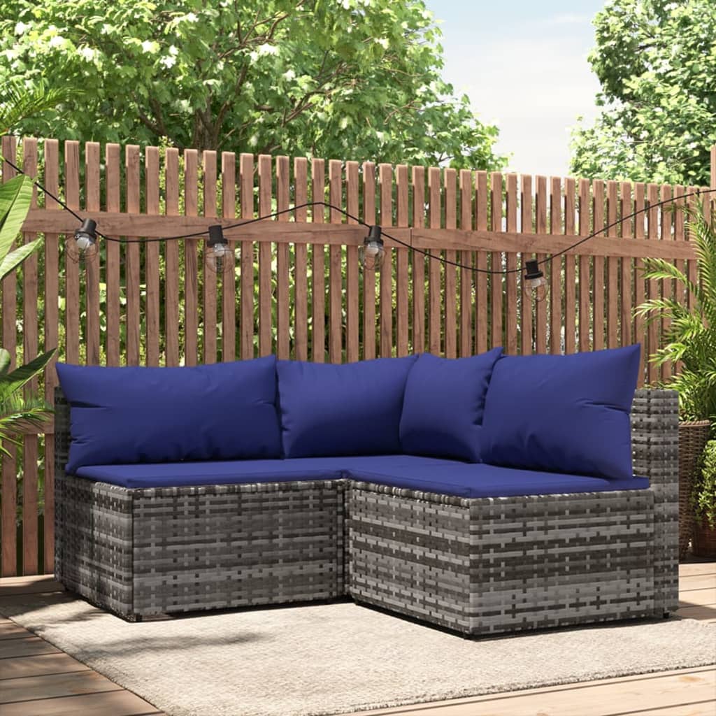 vidaXL 3 Piece Patio Lounge Set with Cushions Gray Poly Rattan-0