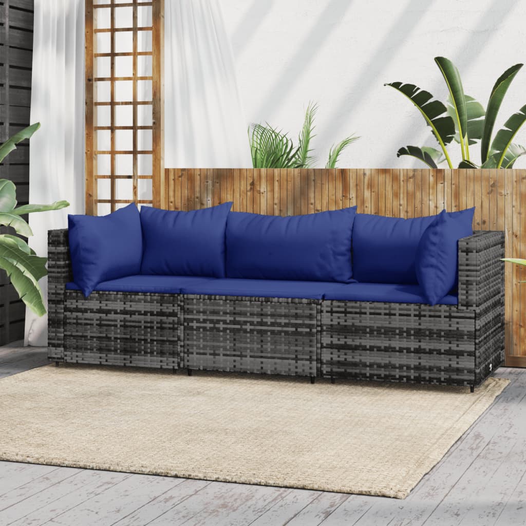 vidaXL 3 Piece Patio Lounge Set with Cushions Gray Poly Rattan-0