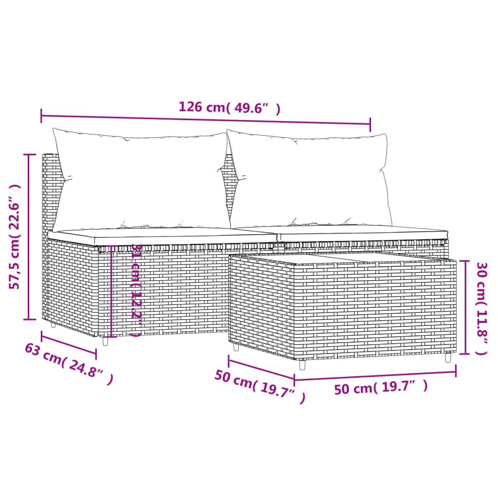 vidaXL 3 Piece Patio Lounge Set with Cushions Gray Poly Rattan-8