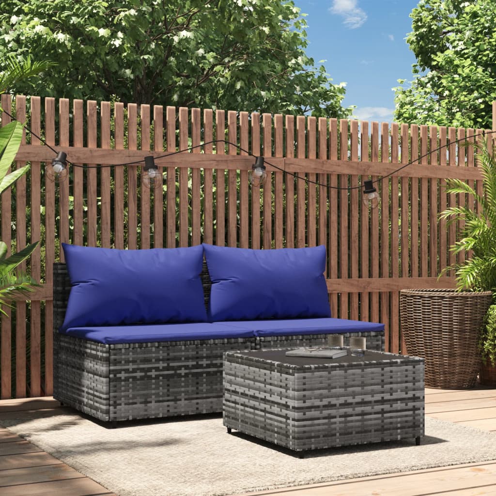 vidaXL 3 Piece Patio Lounge Set with Cushions Gray Poly Rattan-0