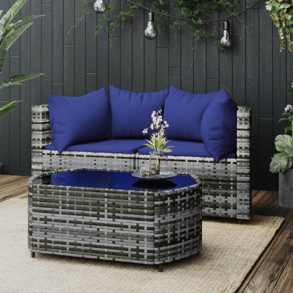 vidaXL 3 Piece Patio Lounge Set with Cushions Gray Poly Rattan-0