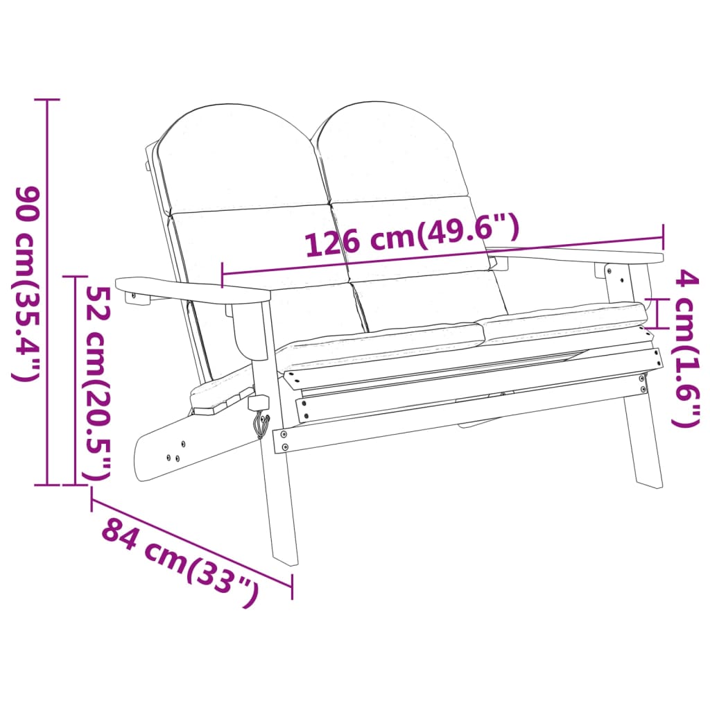 vidaXL Adirondack Patio Bench with Cushions 49.6" Solid Wood Acacia-6