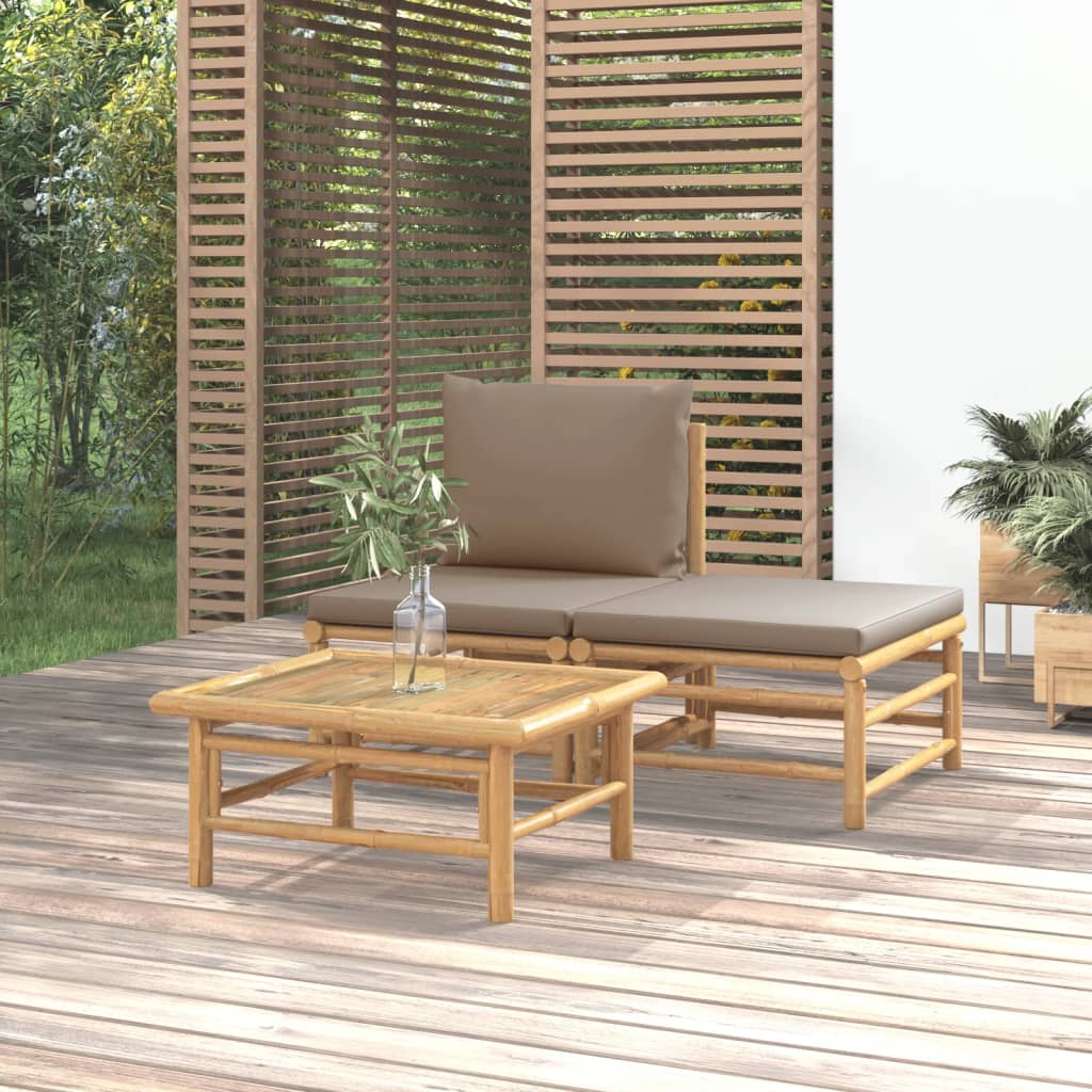 vidaXL 3 Piece Patio Lounge Set with Taupe Cushions Bamboo-0