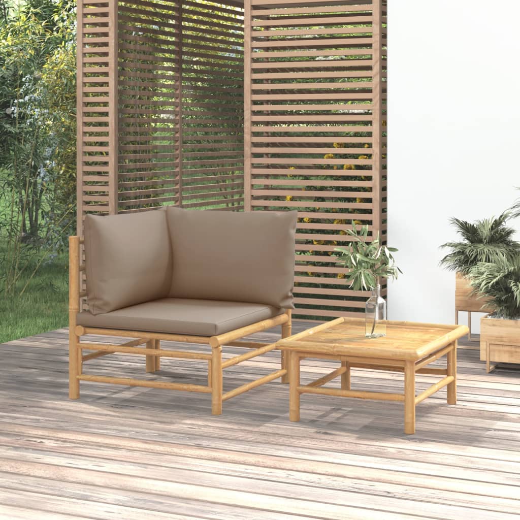 vidaXL 2 Piece Patio Lounge Set with Taupe Cushions Bamboo-0