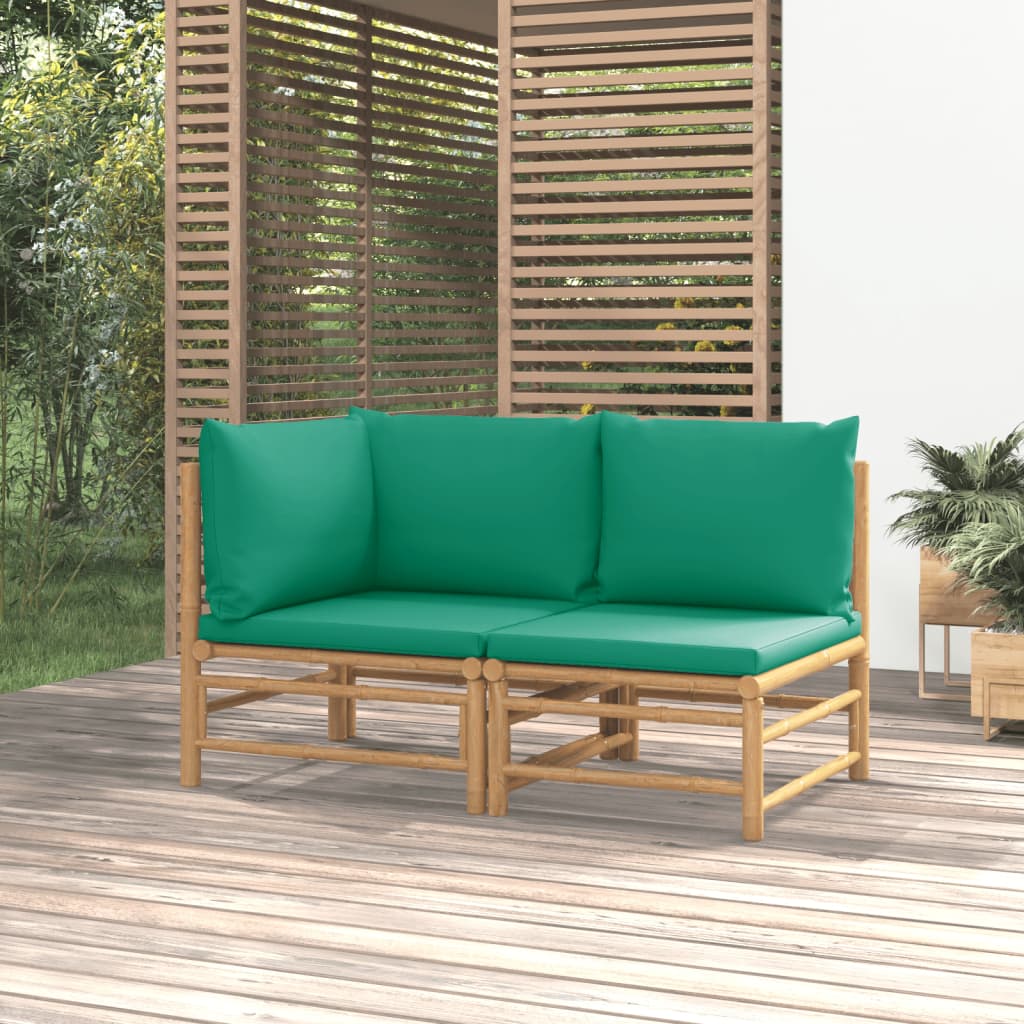 vidaXL 2 Piece Patio Lounge Set with Green Cushions Bamboo-0