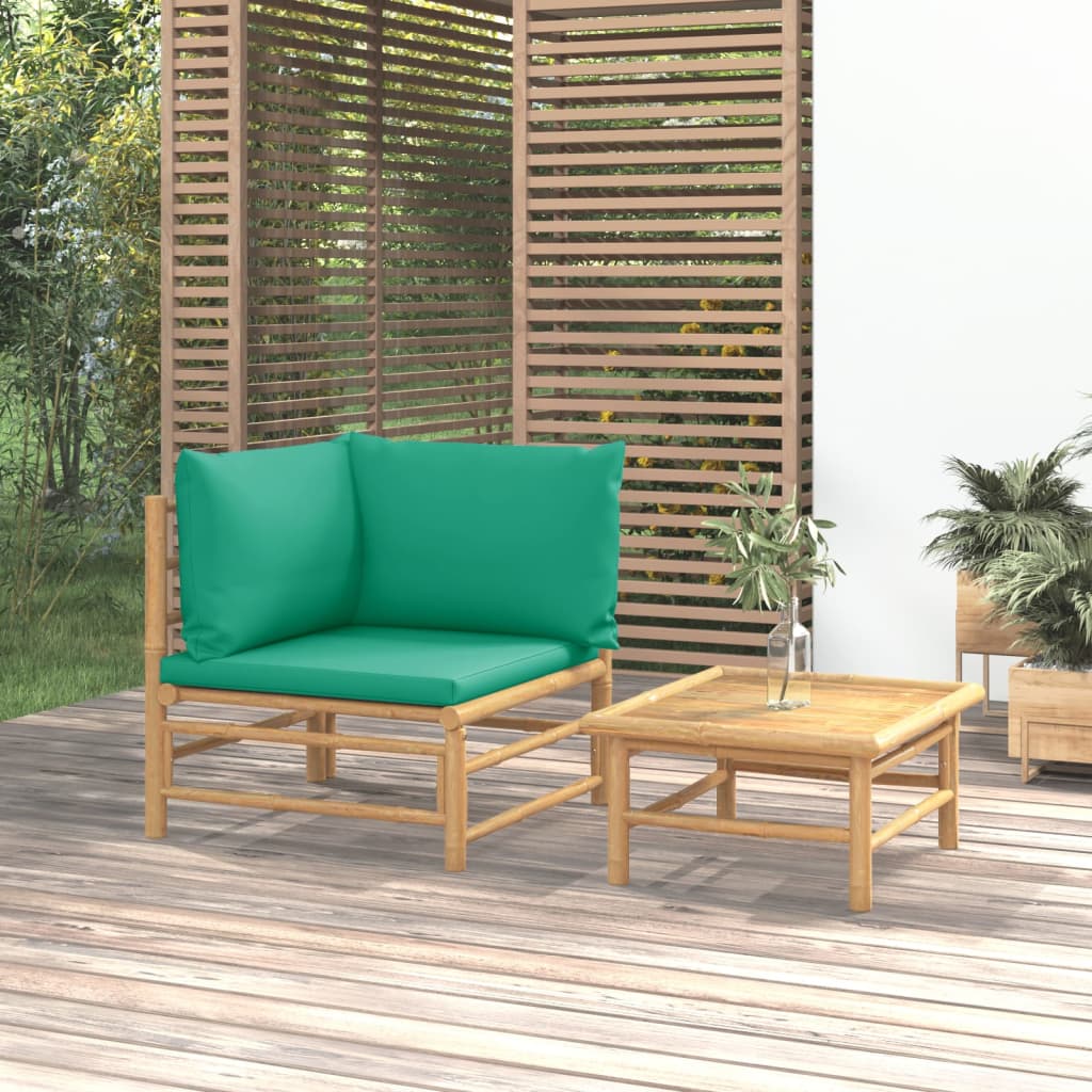 vidaXL 2 Piece Patio Lounge Set with Green Cushions Bamboo-0