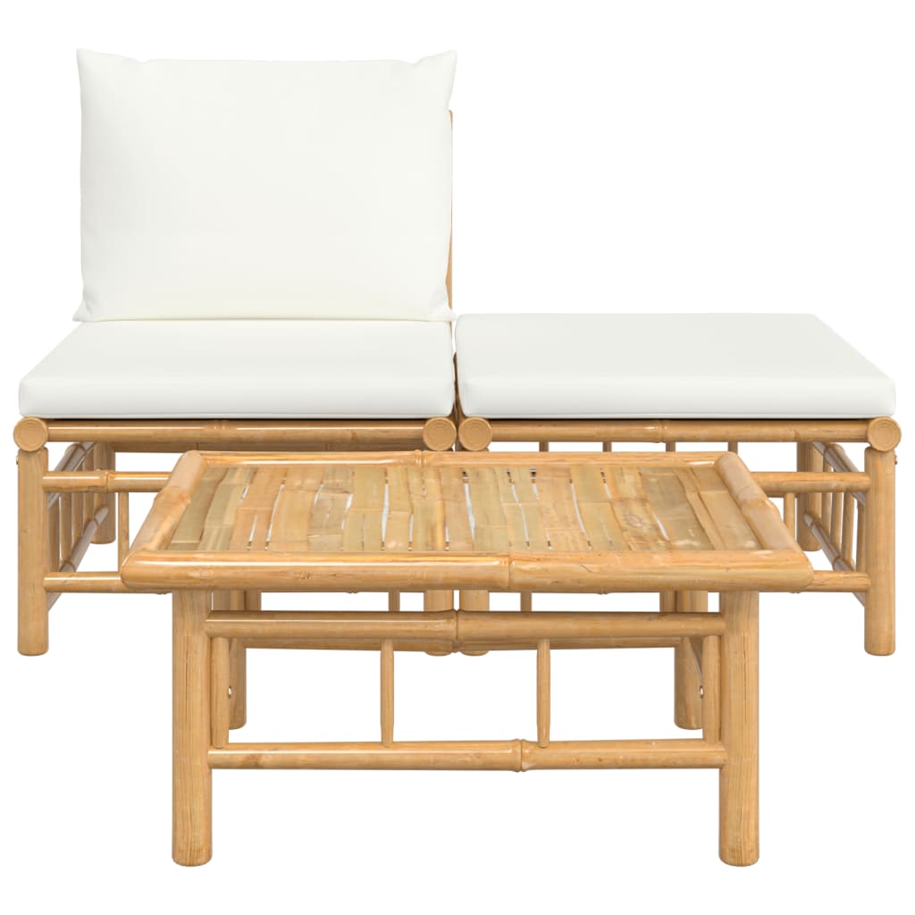 vidaXL 3 Piece Patio Lounge Set with Cream White Cushions Bamboo-2