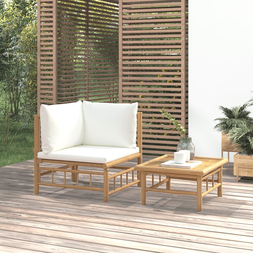 vidaXL 2 Piece Patio Lounge Set with Cream White Cushions Bamboo-0