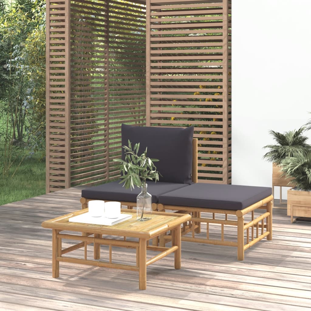 vidaXL 3 Piece Patio Lounge Set with Dark Gray Cushions Bamboo-0