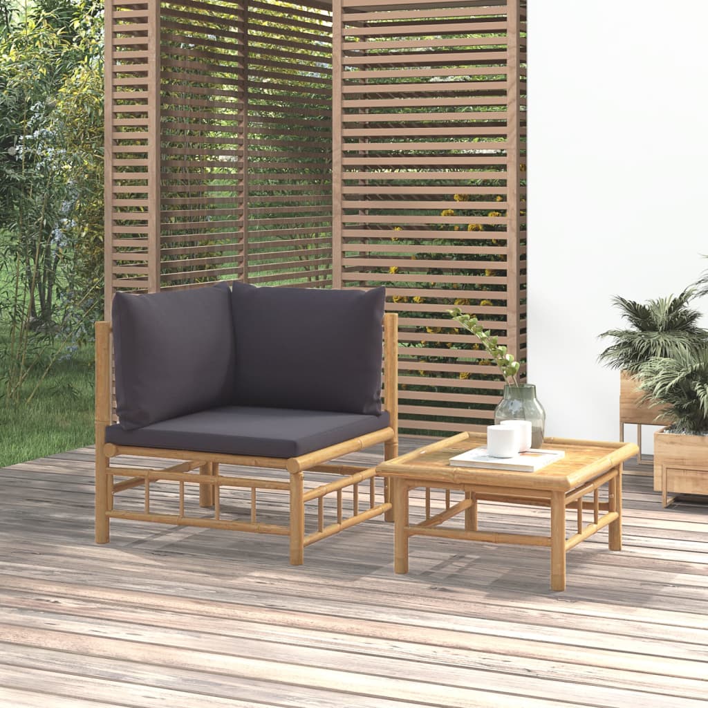 vidaXL 2 Piece Patio Lounge Set with Dark Gray Cushions Bamboo-0