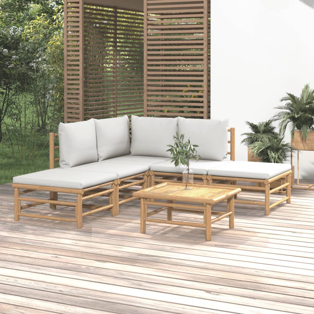 vidaXL 6 Piece Patio Lounge Set with Light Gray Cushions Bamboo-0