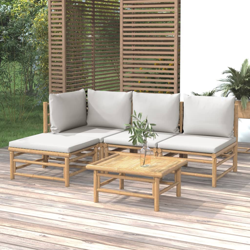 vidaXL 5 Piece Patio Lounge Set with Light Gray Cushions Bamboo-0