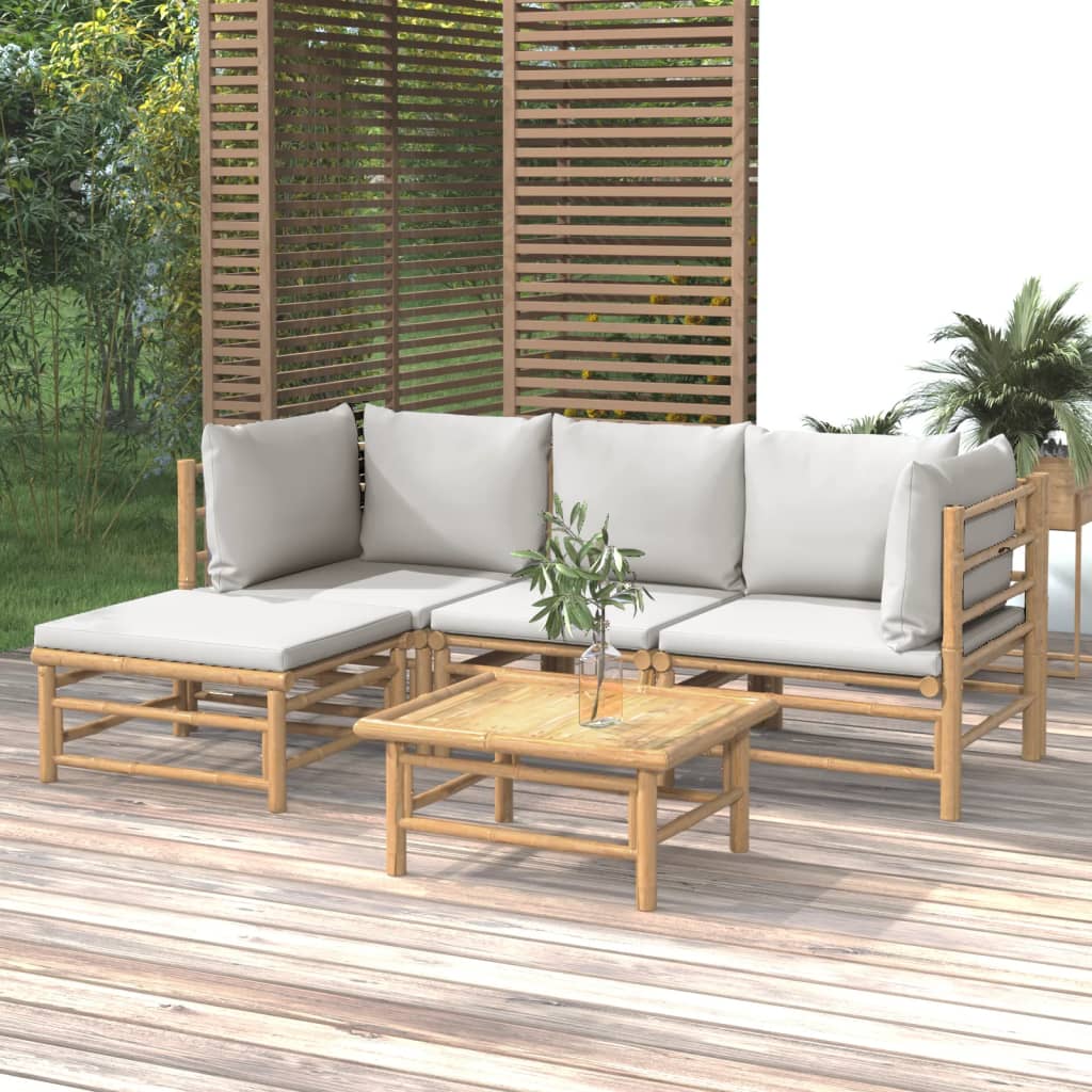 vidaXL 5 Piece Patio Lounge Set with Light Gray Cushions Bamboo-0