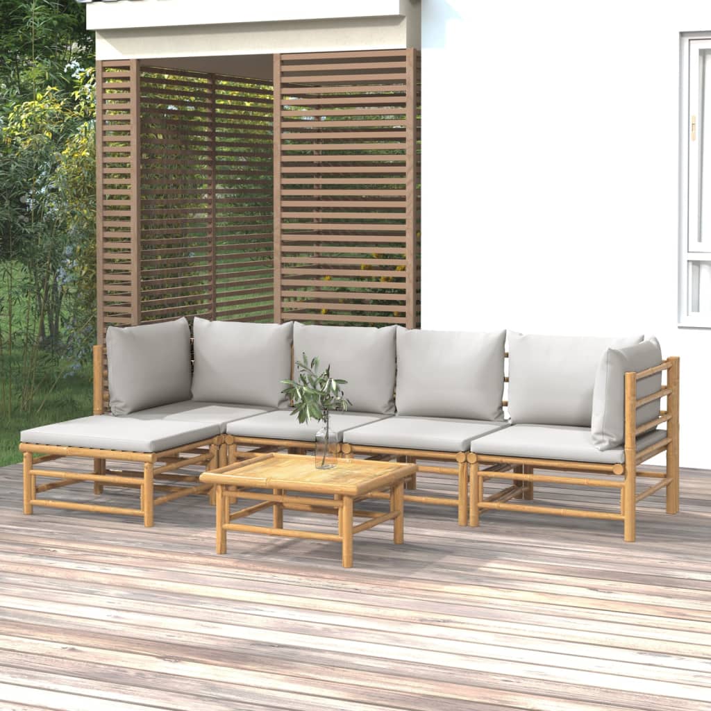 vidaXL 6 Piece Patio Lounge Set with Light Gray Cushions Bamboo-0