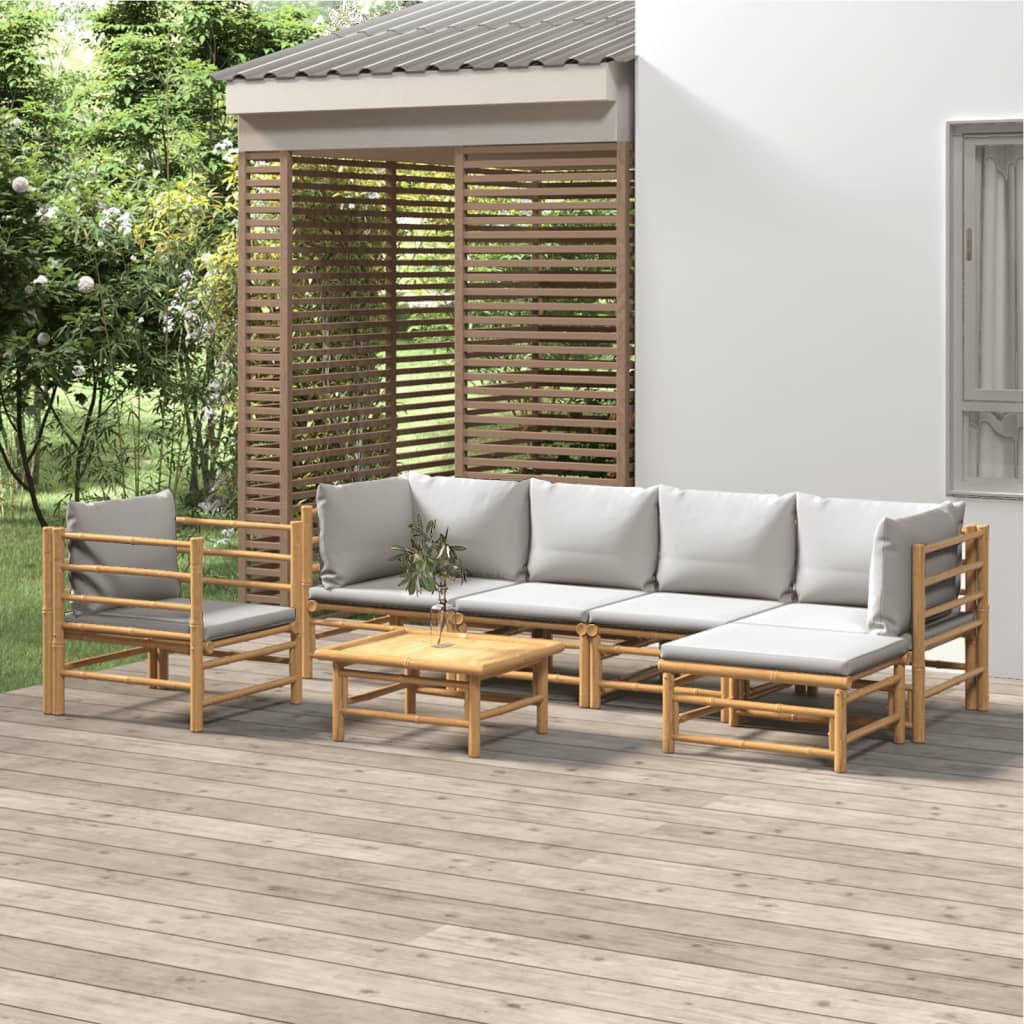 vidaXL 7 Piece Patio Lounge Set with Light Gray Cushions Bamboo-0