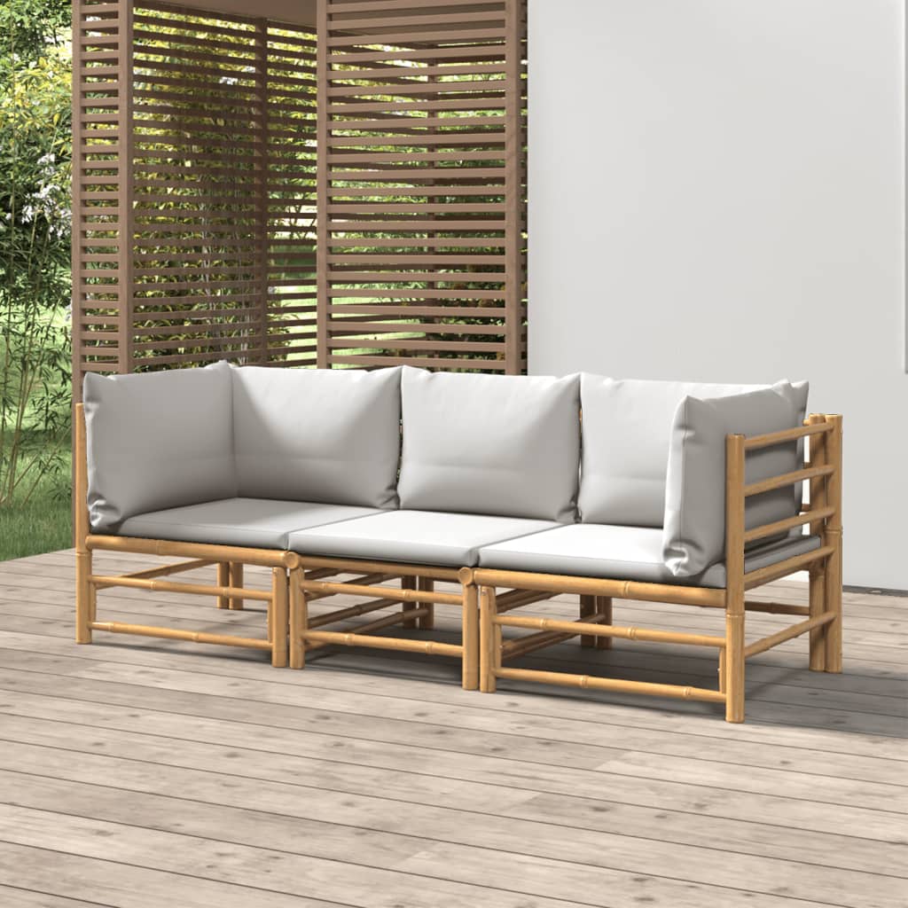 vidaXL 3 Piece Patio Lounge Set with Light Gray Cushions Bamboo-0