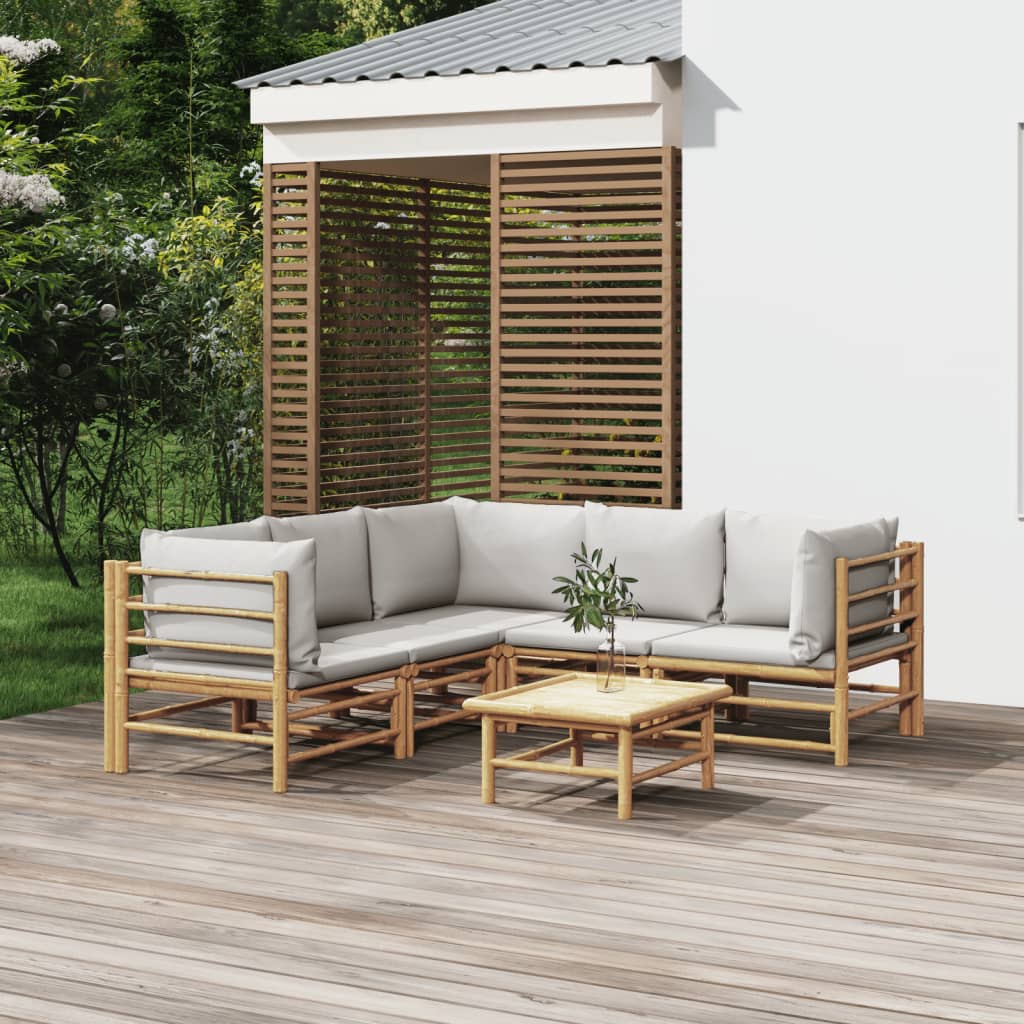 vidaXL 6 Piece Patio Lounge Set with Light Gray Cushions Bamboo-0