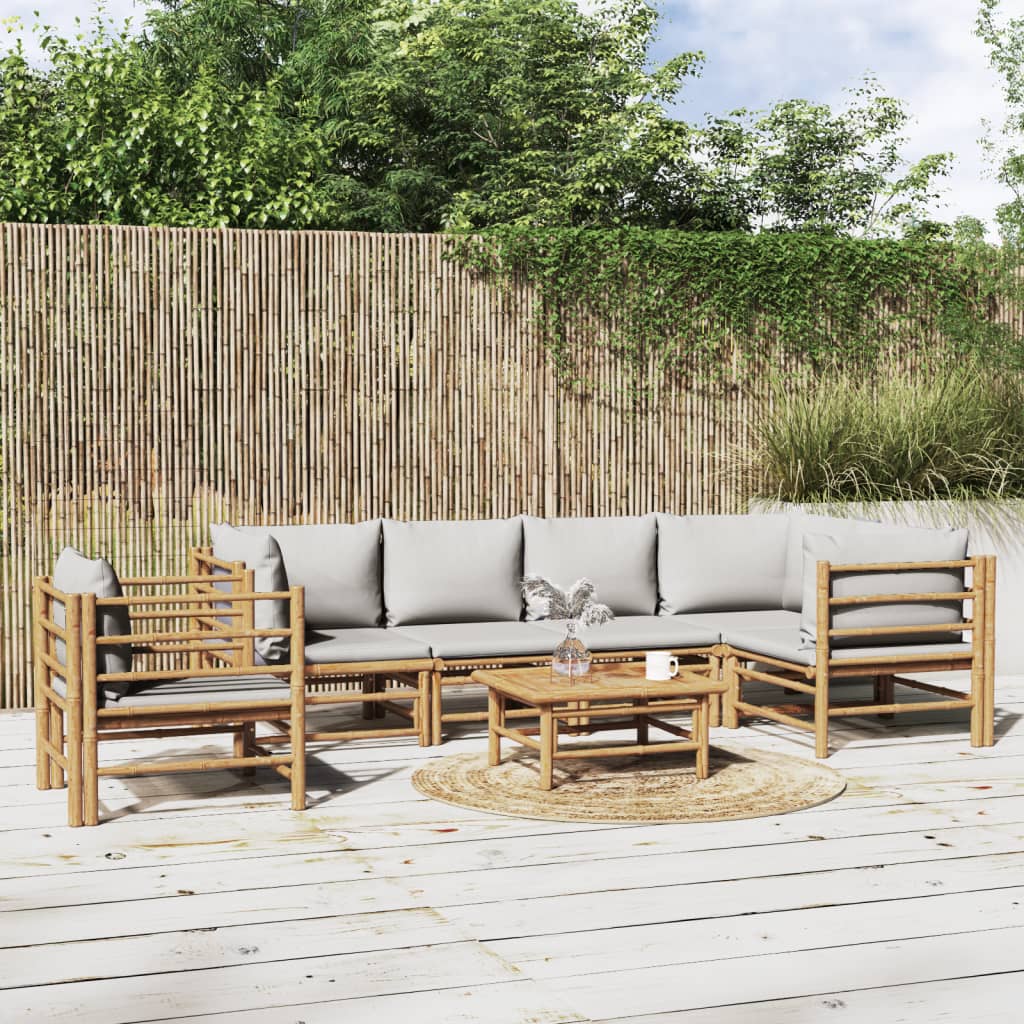 vidaXL 7 Piece Patio Lounge Set with Light Gray Cushions Bamboo-0