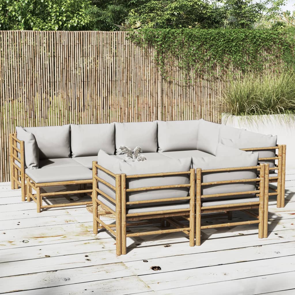 vidaXL 10 Piece Patio Lounge Set with Light Gray Cushions Bamboo-0