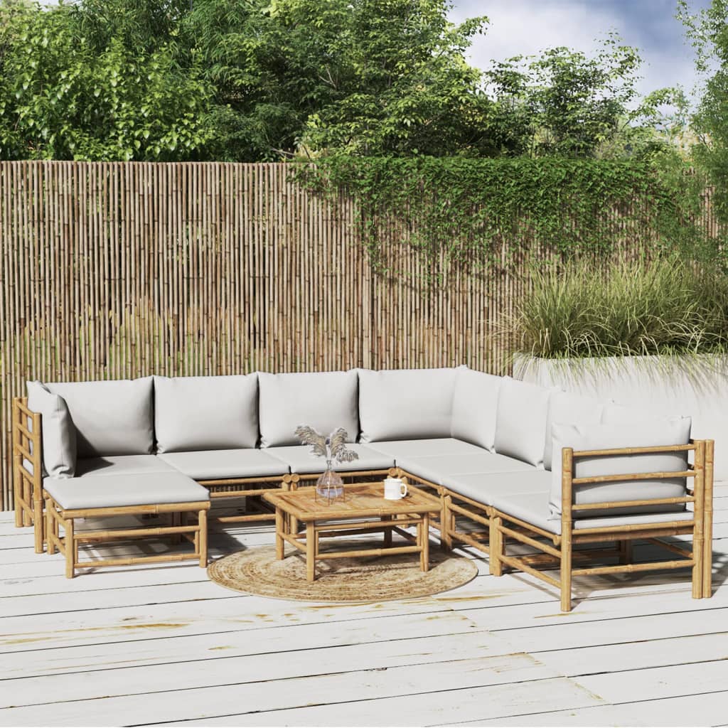 vidaXL 9 Piece Patio Lounge Set with Light Gray Cushions Bamboo-0