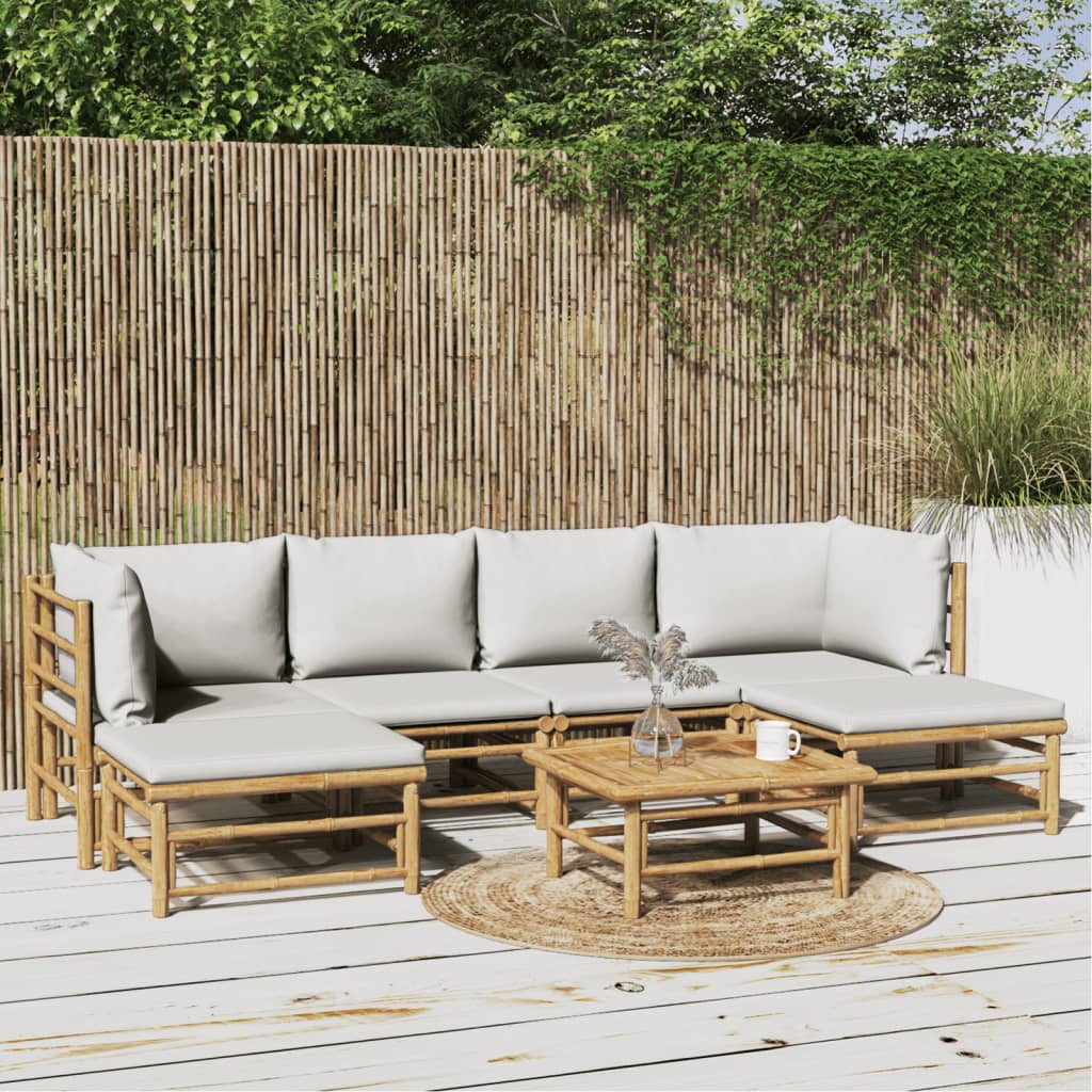 vidaXL 7 Piece Patio Lounge Set with Light Gray Cushions Bamboo-0