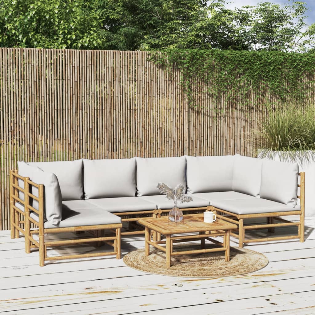 vidaXL 7 Piece Patio Lounge Set with Light Gray Cushions Bamboo-0