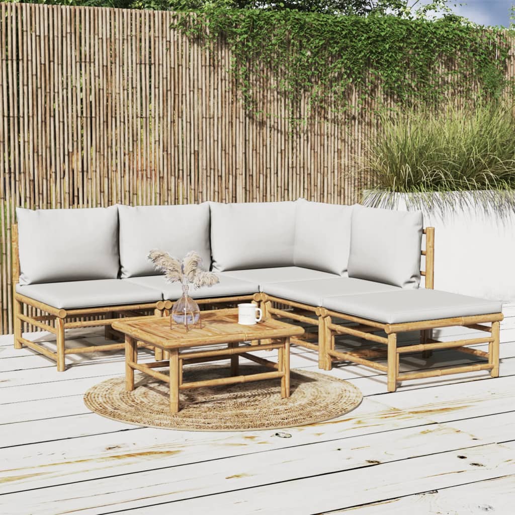 vidaXL 6 Piece Patio Lounge Set with Light Gray Cushions Bamboo-0