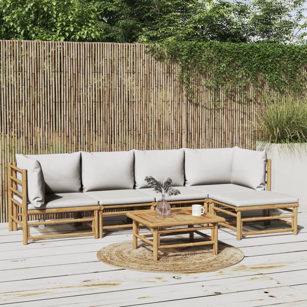 vidaXL 6 Piece Patio Lounge Set with Light Gray Cushions Bamboo-0