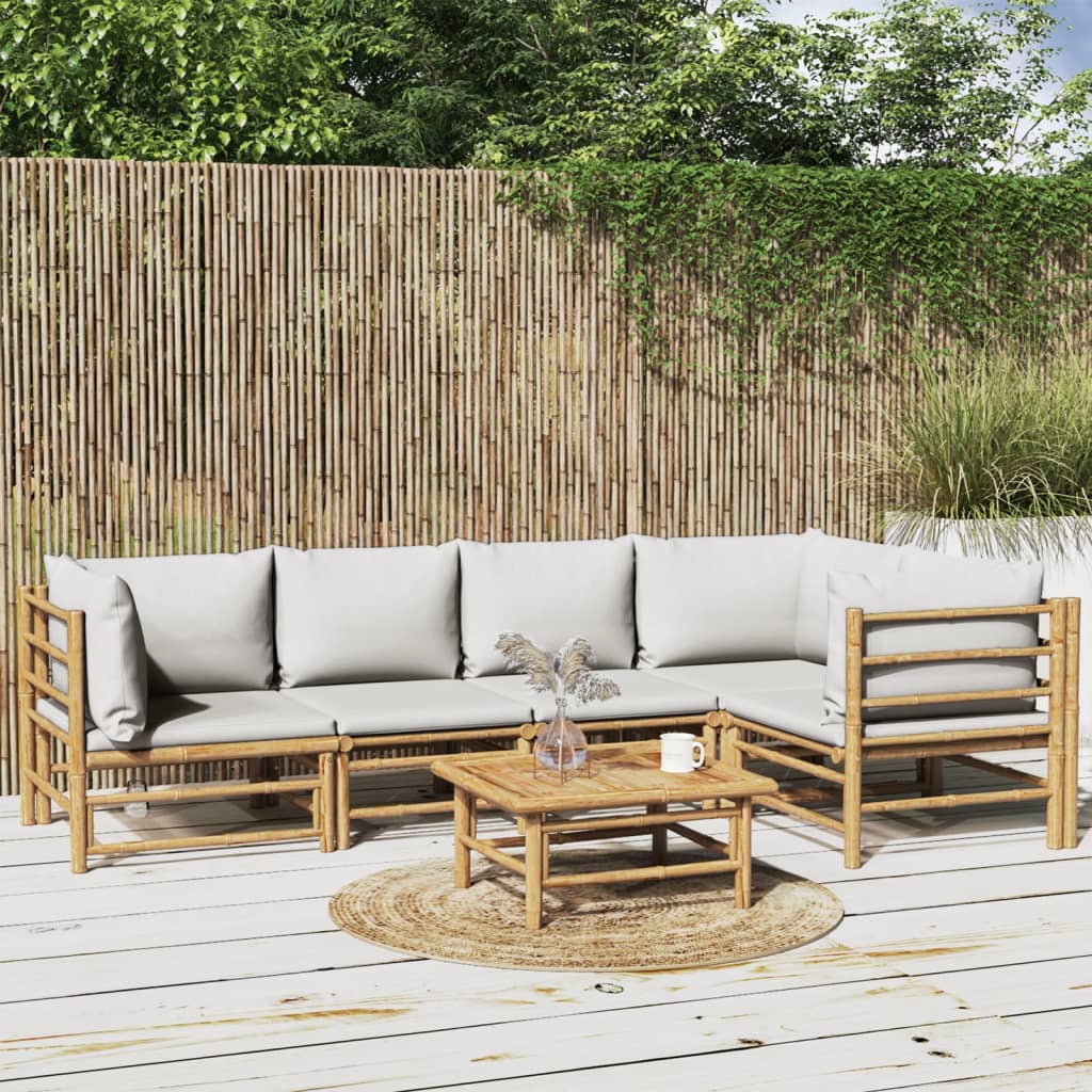 vidaXL 6 Piece Patio Lounge Set with Light Gray Cushions Bamboo-0