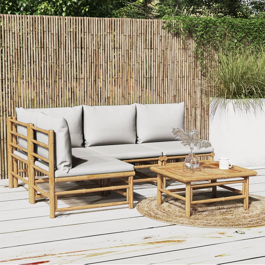 vidaXL 5 Piece Patio Lounge Set with Light Gray Cushions Bamboo-0